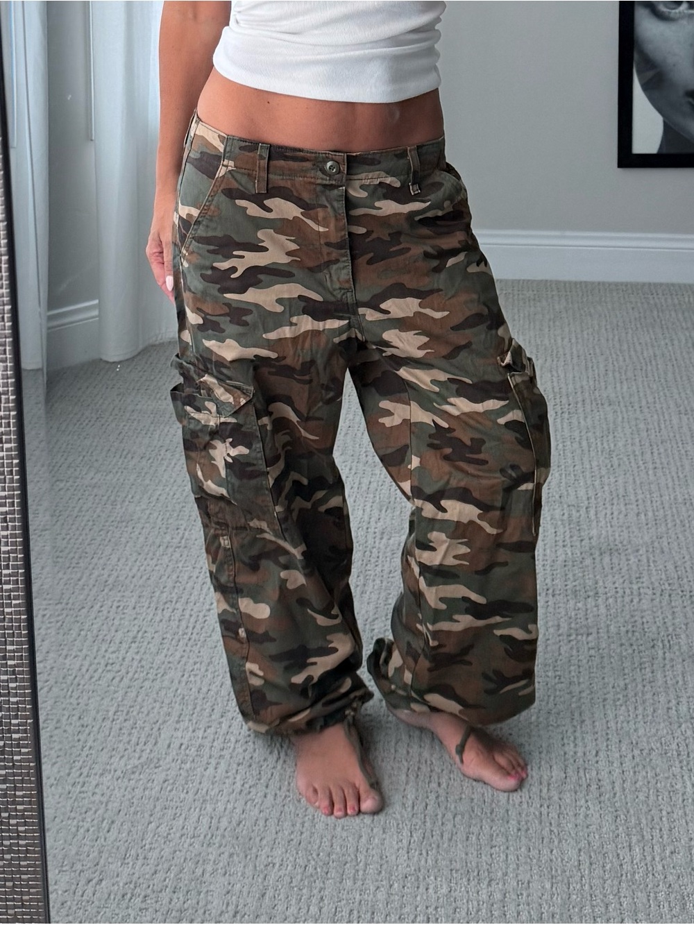 Y2K style Levi's Women's Wide Leg Baggy Cargo Pants - Green Camouflage